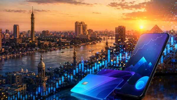 Cairo fintech IPO concept with smartphone banking interface, market visuals, and Nile skyline