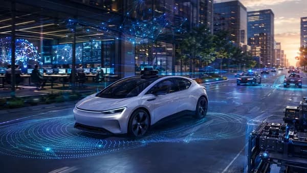 Autonomous robotaxi in a futuristic city with AI networks and fleet control screens.