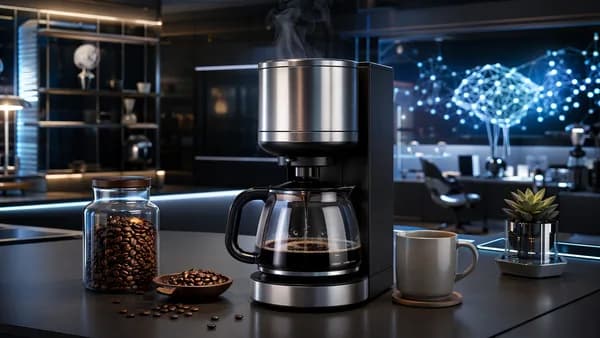 Premium drip coffee maker brewing on a futuristic tech-inspired kitchen counter