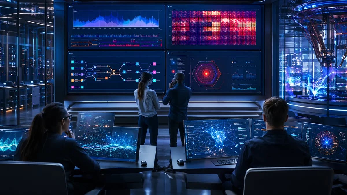 Futuristic AI monitoring control room with abstract dashboards, data pipelines, and engineers under stress test.