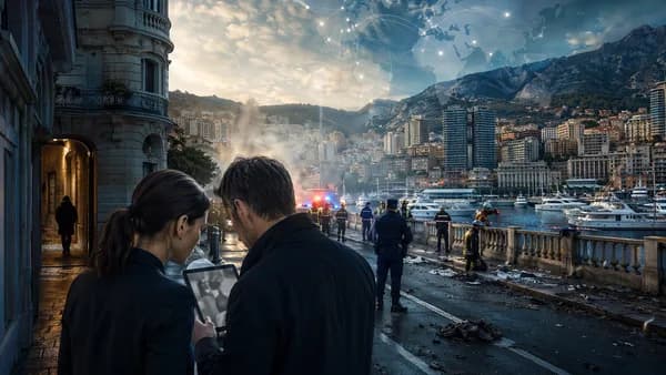 Monaco street explosion scene with police response, smoke, suspect silhouette, and global map overlay.