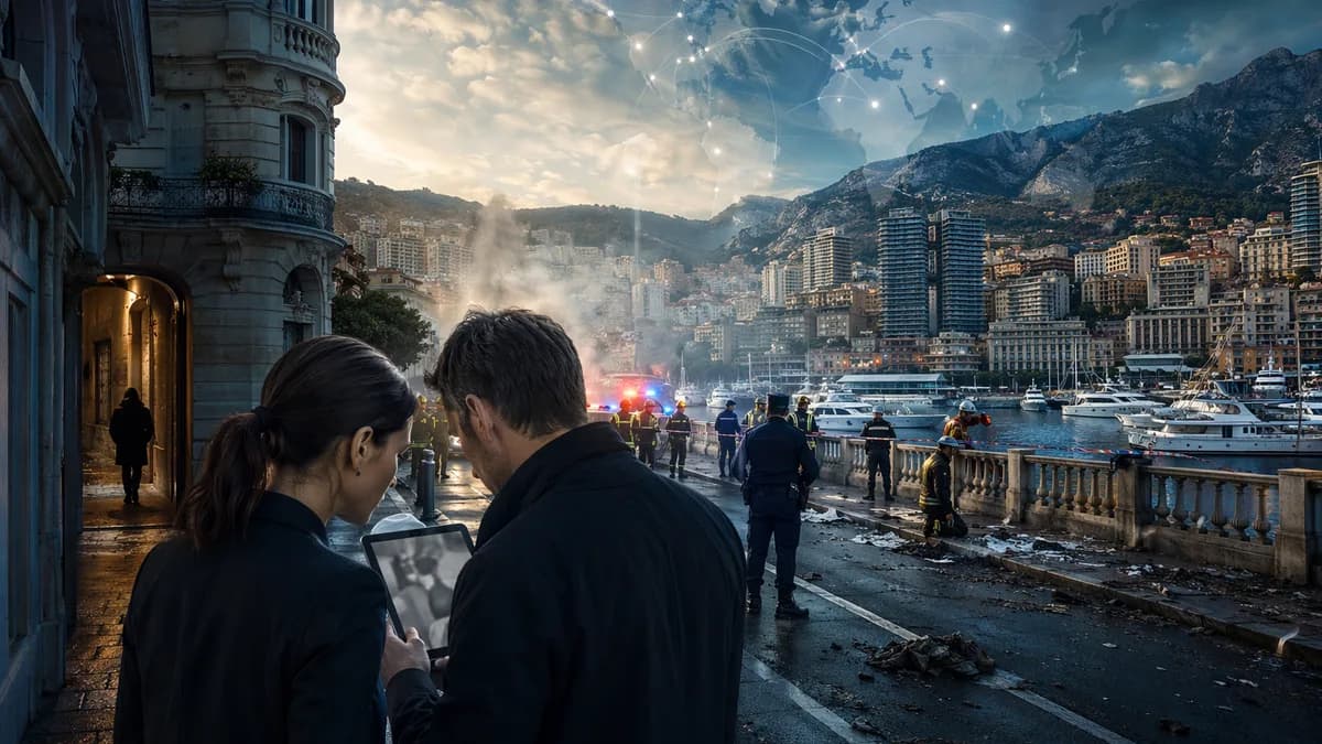 Monaco street explosion scene with police response, smoke, suspect silhouette, and global map overlay.