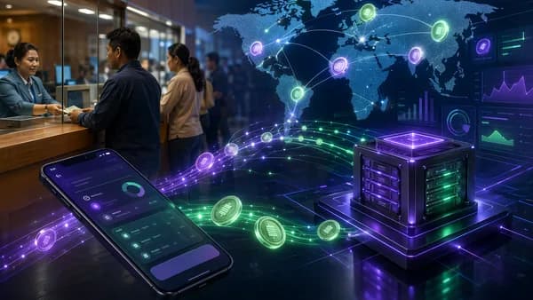 Remittance payments flowing through a blockchain validator network for stablecoin settlement.