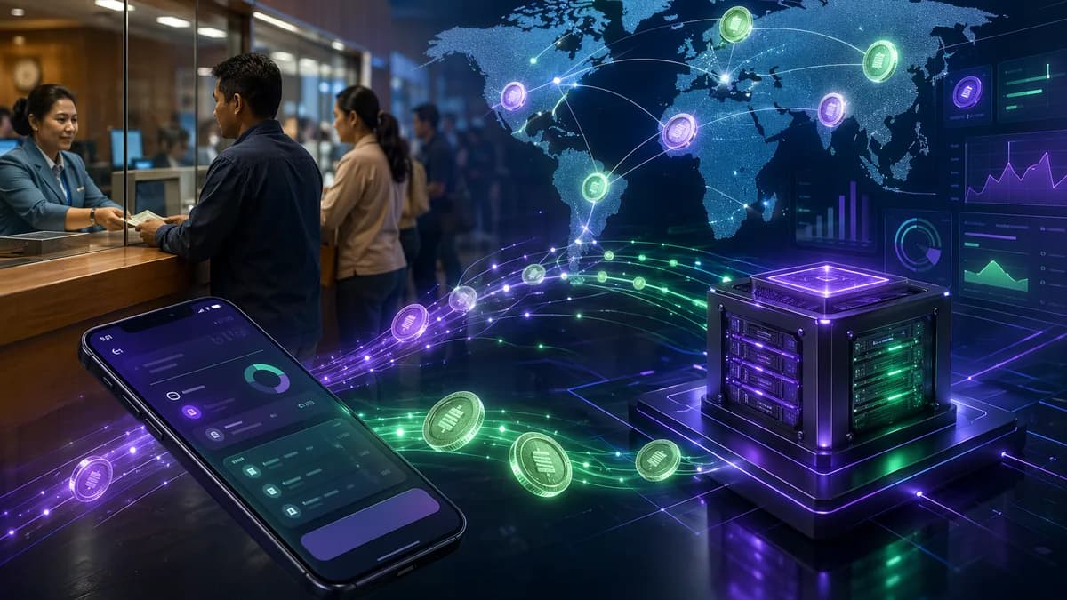 Remittance payments flowing through a blockchain validator network for stablecoin settlement.