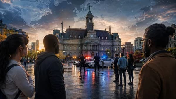 Montreal street scene with police silhouettes, diverse residents, and global map overlay symbolizing profiling concerns.