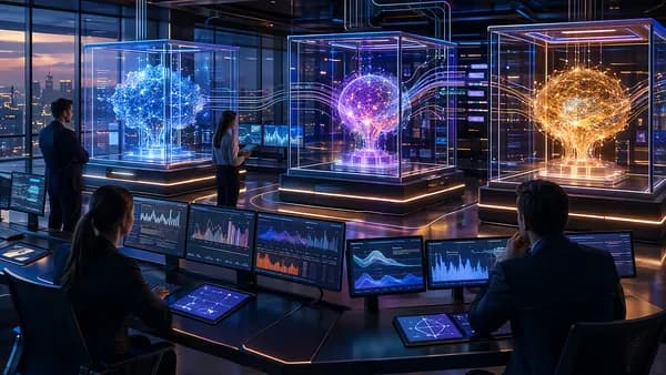 Analysts supervise contained AI agents in a futuristic finance operations workspace.