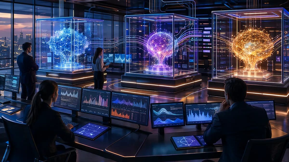 Analysts supervise contained AI agents in a futuristic finance operations workspace.