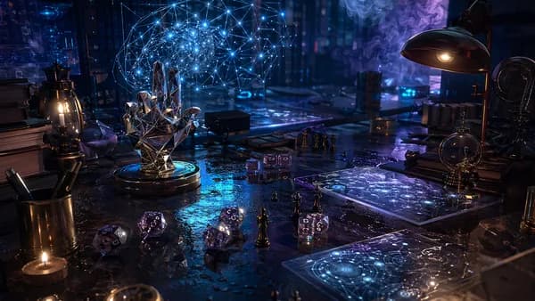 Noir futuristic workspace with glowing dice, AI networks, circuits, and a surreal diamond hand.