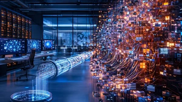 Futuristic AI workspace showing efficient memory pipeline beside overloaded data flow.