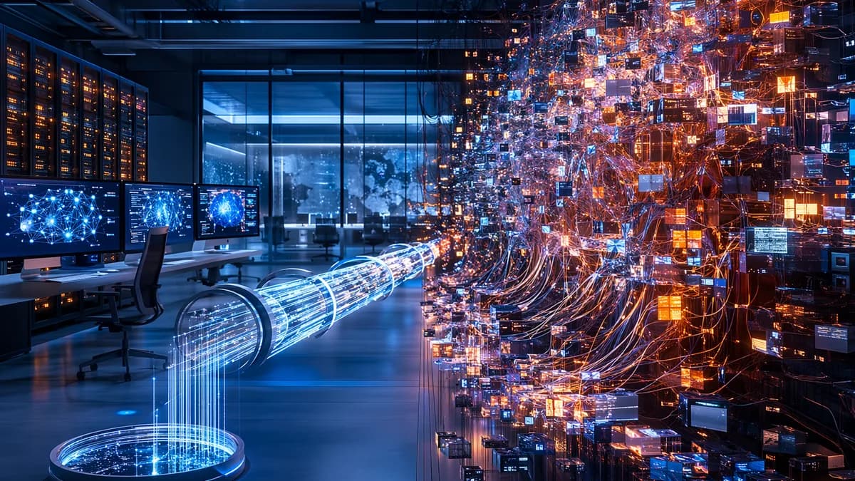 Futuristic AI workspace showing efficient memory pipeline beside overloaded data flow.