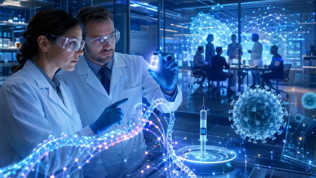 Futuristic lab scene showing scientists reviewing a glowing mRNA flu vaccine vial and molecular holograms.