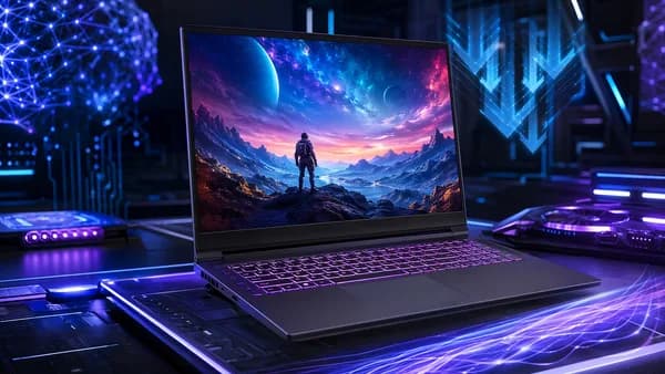 Unbranded gaming laptop in a futuristic tech workspace with glowing circuits and cinematic lighting.