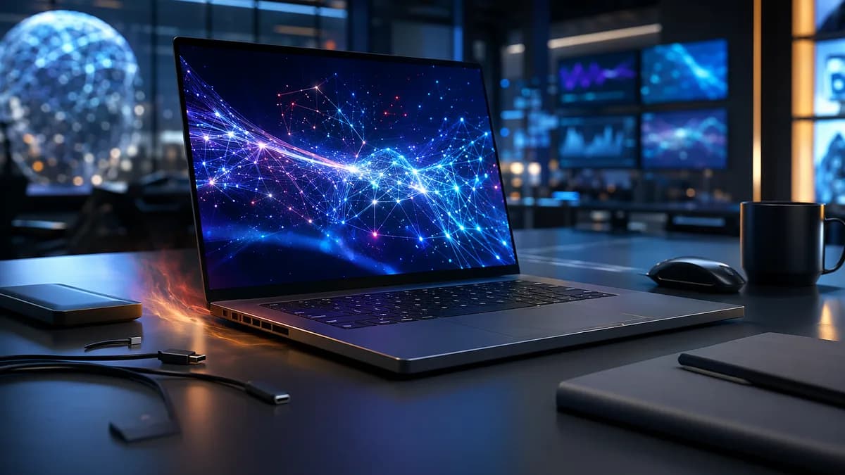 Unbranded OLED laptop in futuristic AI workspace with heat glow and abstract circuit visuals.