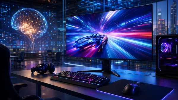 Futuristic gaming monitor setup with vivid OLED colors and motion trails in a sleek tech workspace.