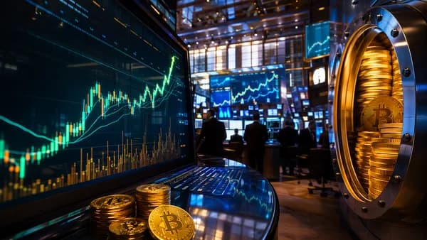 Trading floor with rising market charts and Bitcoin imagery suggesting MSTR gains and crypto-funded payouts.