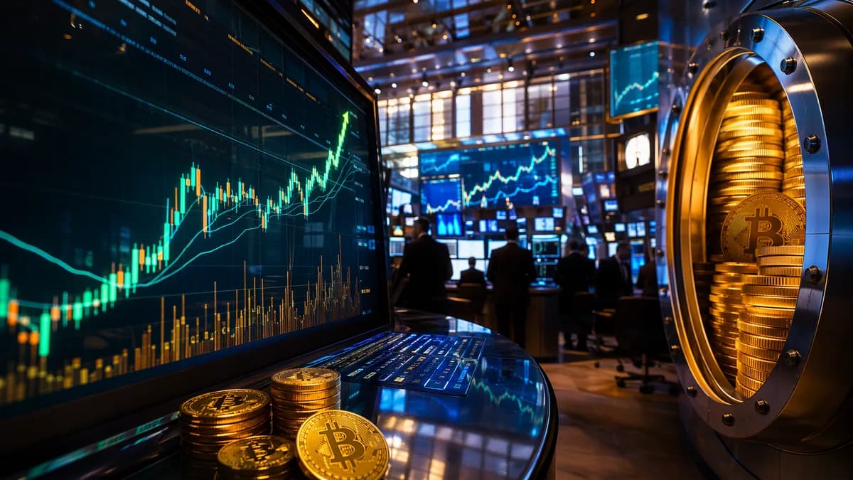 Trading floor with rising market charts and Bitcoin imagery suggesting MSTR gains and crypto-funded payouts.