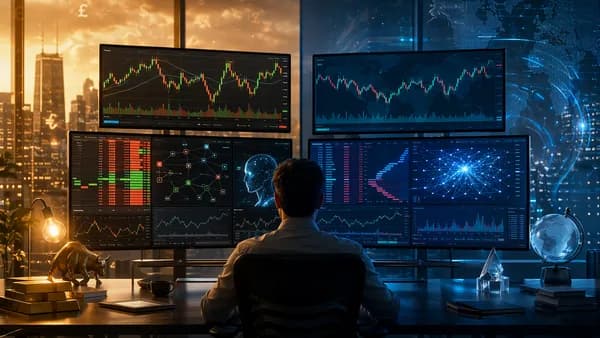 Split trading desk showing abstract forex charts and market depth, symbolizing platform trade-offs.