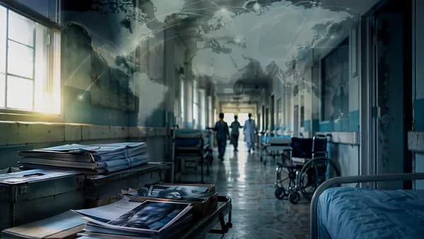 Somber hospital corridor with evidence boxes and investigators, symbolizing an abuse inquiry.