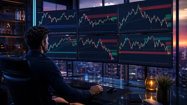Trader analyzing clean multi-timeframe charts with risk zones in a modern trading workspace.