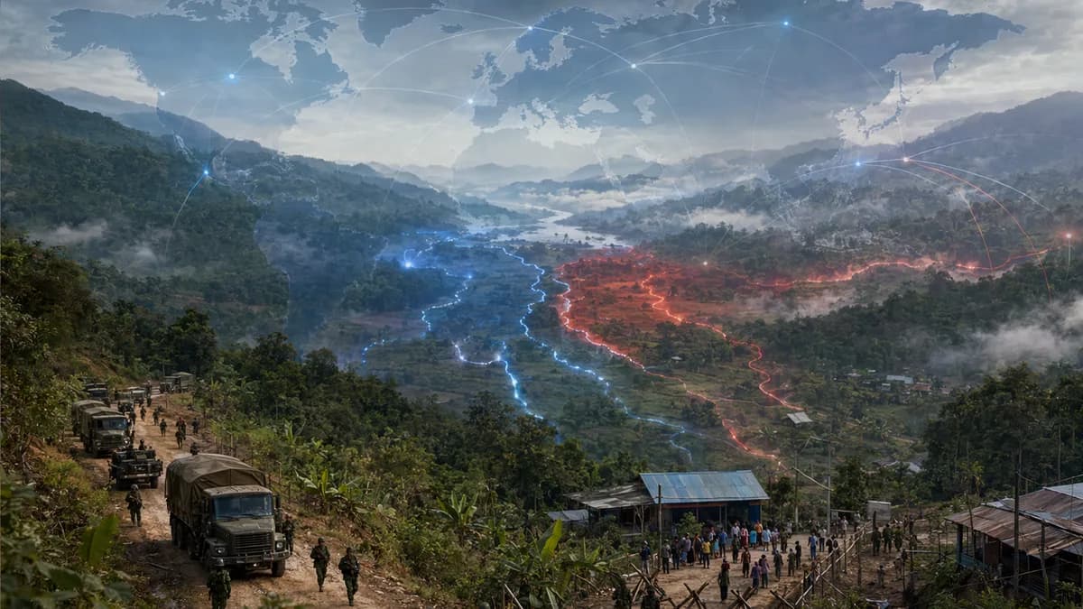 Myanmar conflict scene with soldiers, civilians, jungle terrain, and global map connections.