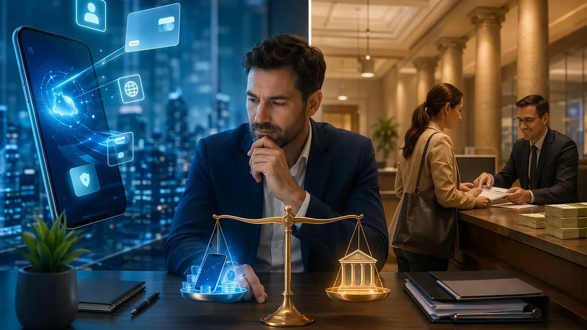 Small business owner comparing neobank app speed with traditional bank lending and branch support