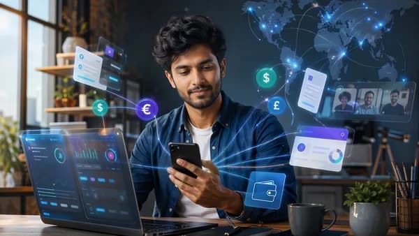 Freelancer using abstract neobank apps with global payment and invoice visuals.