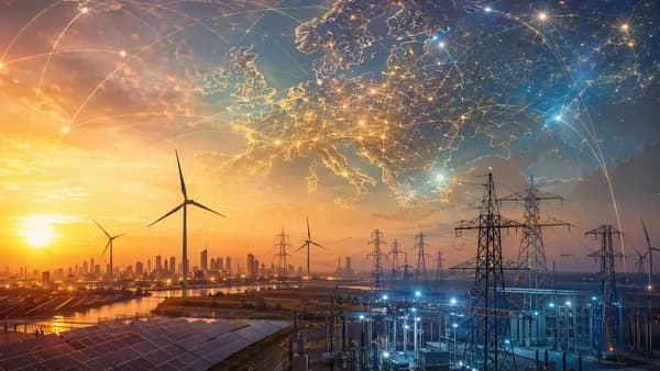 UK power grid under heatwave stress with map connections, transmission lines, and evening city skyline