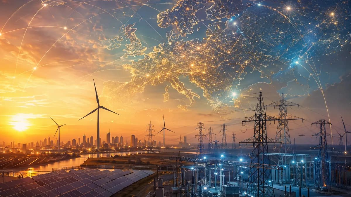 UK power grid under heatwave stress with map connections, transmission lines, and evening city skyline