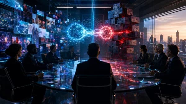 Futuristic boardroom with streaming data, regulators, and merger tension in a sleek tech setting