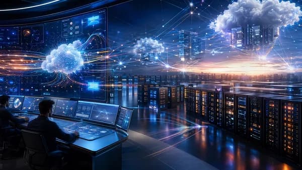 Futuristic AI cloud control room with server racks and glowing automated network connections.