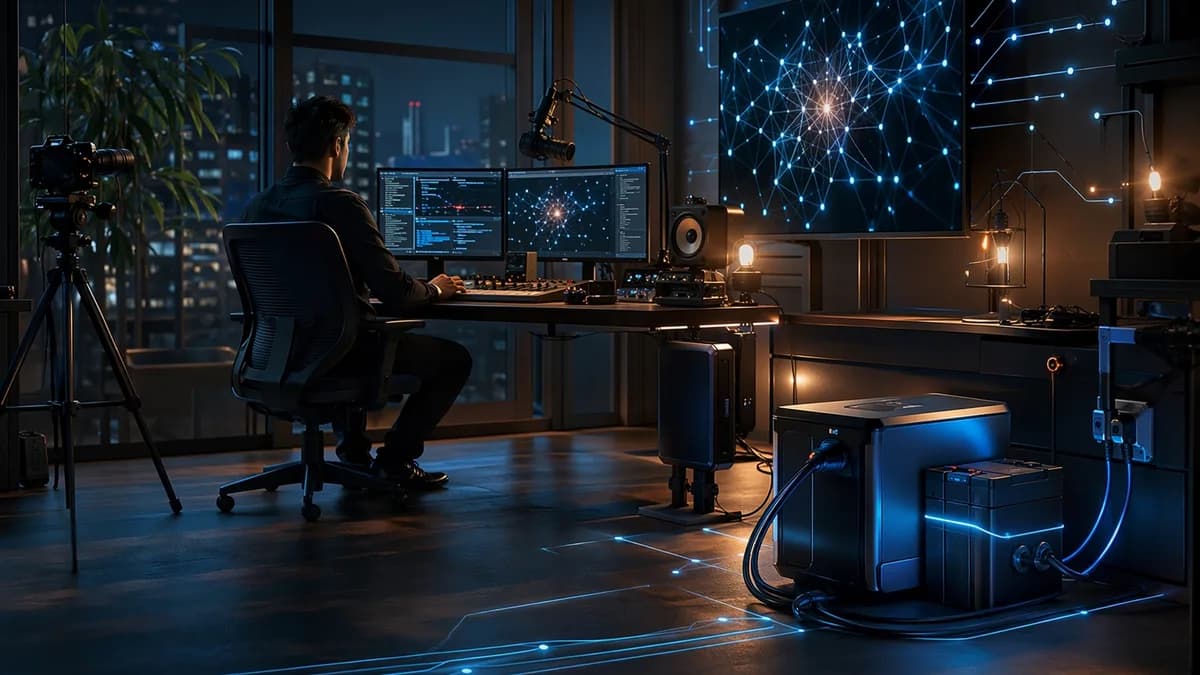 Independent media studio powered by reliable backup energy in a sleek futuristic workspace.