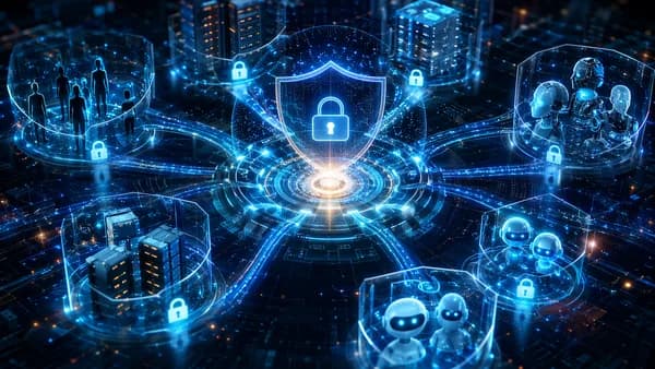 Futuristic identity security hub protecting humans, machines and AI agents with shields and data streams.