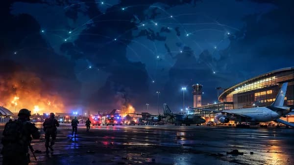 Nighttime airport attack aftermath with smoke, emergency response, and global map connections
