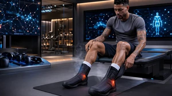 Elite athlete wearing futuristic recovery boots in a sleek sports technology lab.