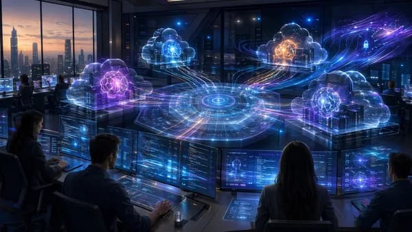 Enterprise AI coding control layer connecting multiple model cores in a futuristic workspace.