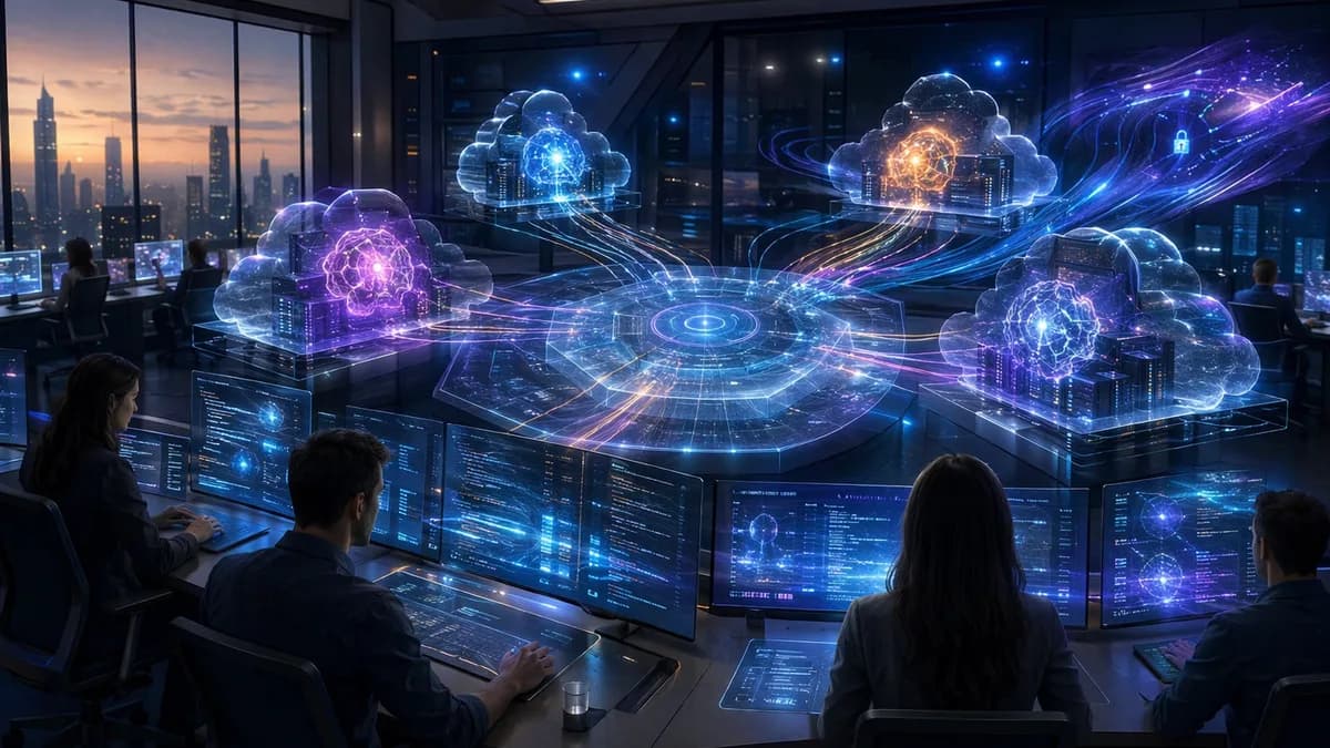 Enterprise AI coding control layer connecting multiple model cores in a futuristic workspace.