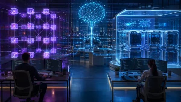 Futuristic developer workspace comparing locked dependencies and containerized environments.