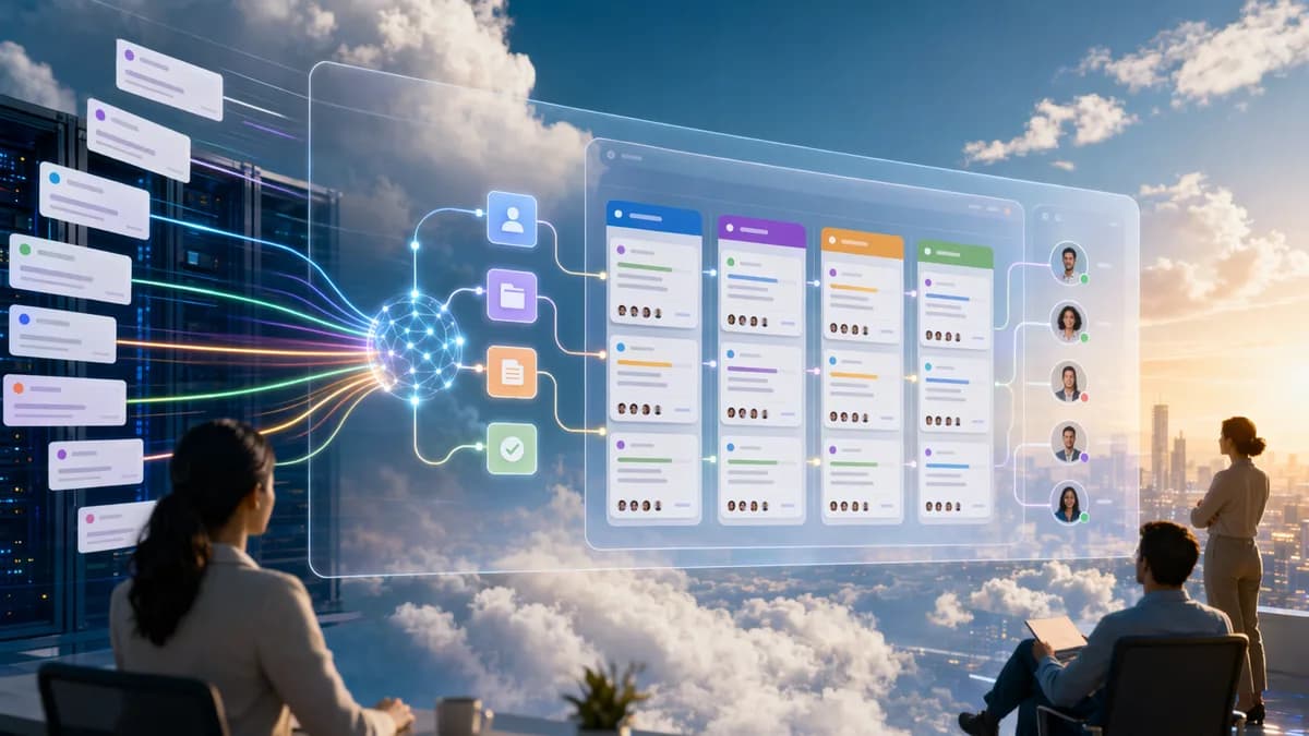 AI SaaS workflow dashboard organizing client requests into tasks and handoffs in a cloud interface.