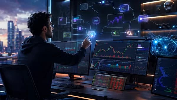 Trader using no-code workflow blocks to automate trading strategies amid market data screens.