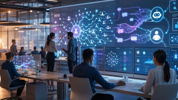 Futuristic SaaS support hub with AI chatbot workflows organizing tickets and human handoffs