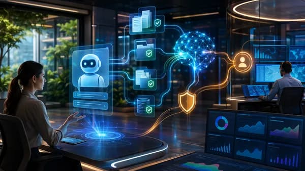 Futuristic AI chatbot connected to trusted knowledge sources with human escalation and analytics.