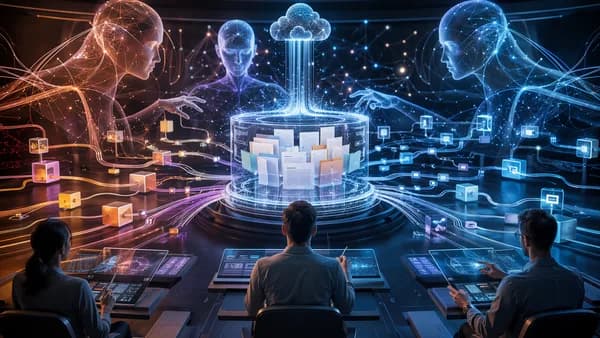 Three AI chatbot builders compete around a glowing company document hub in a futuristic workspace.