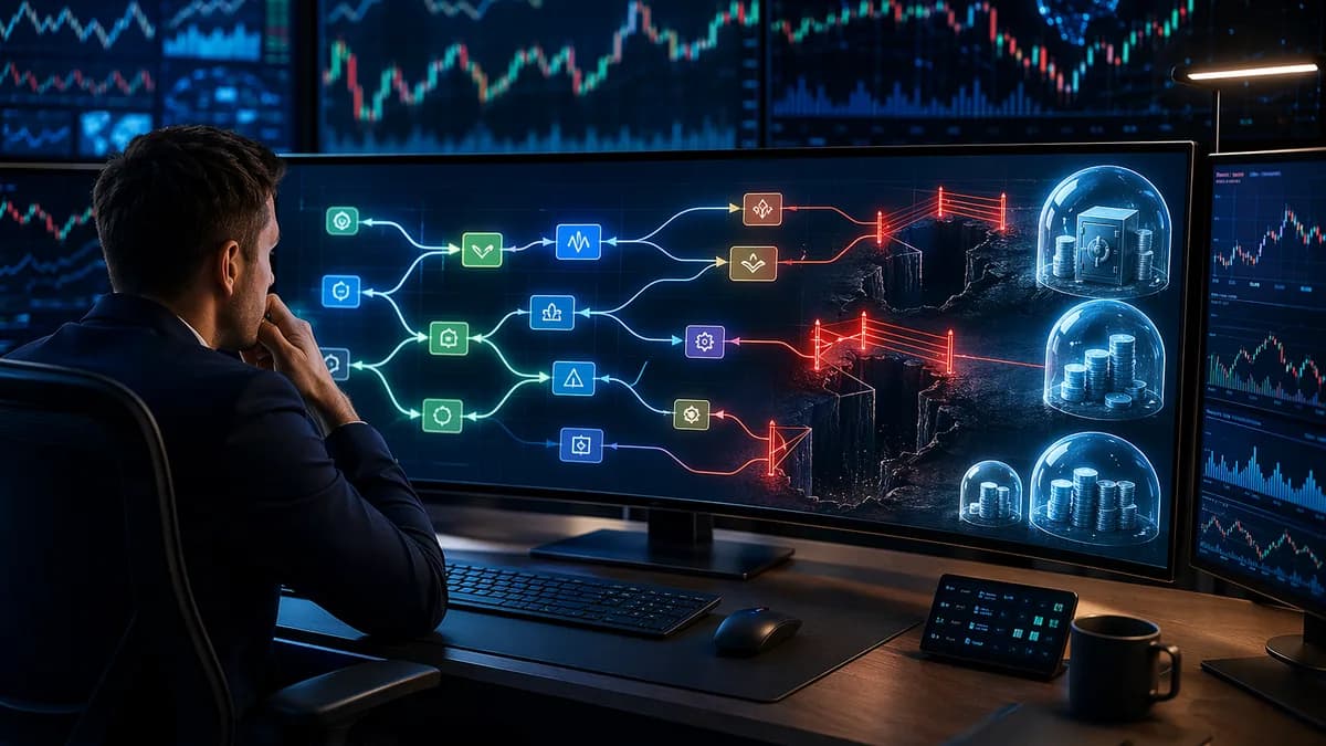 Trader facing risky no-code bot workflows with safeguards protecting digital capital.