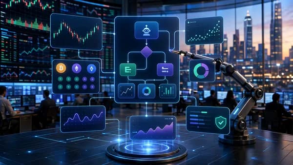 No-code trading bot automation with market charts, risk controls, and crypto trading screens