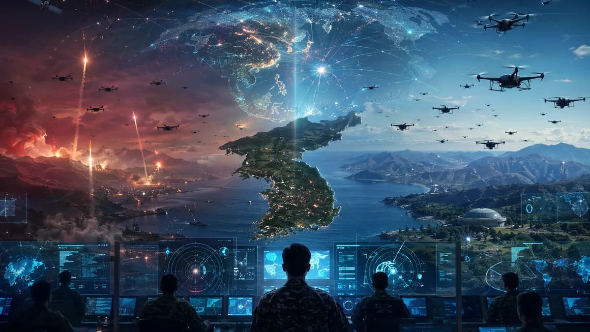 Drones and missile silhouettes over a glowing global map of the Korean Peninsula.