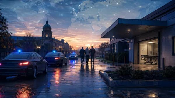Somber hospital mortuary scene with police presence and abstract global map connections.
