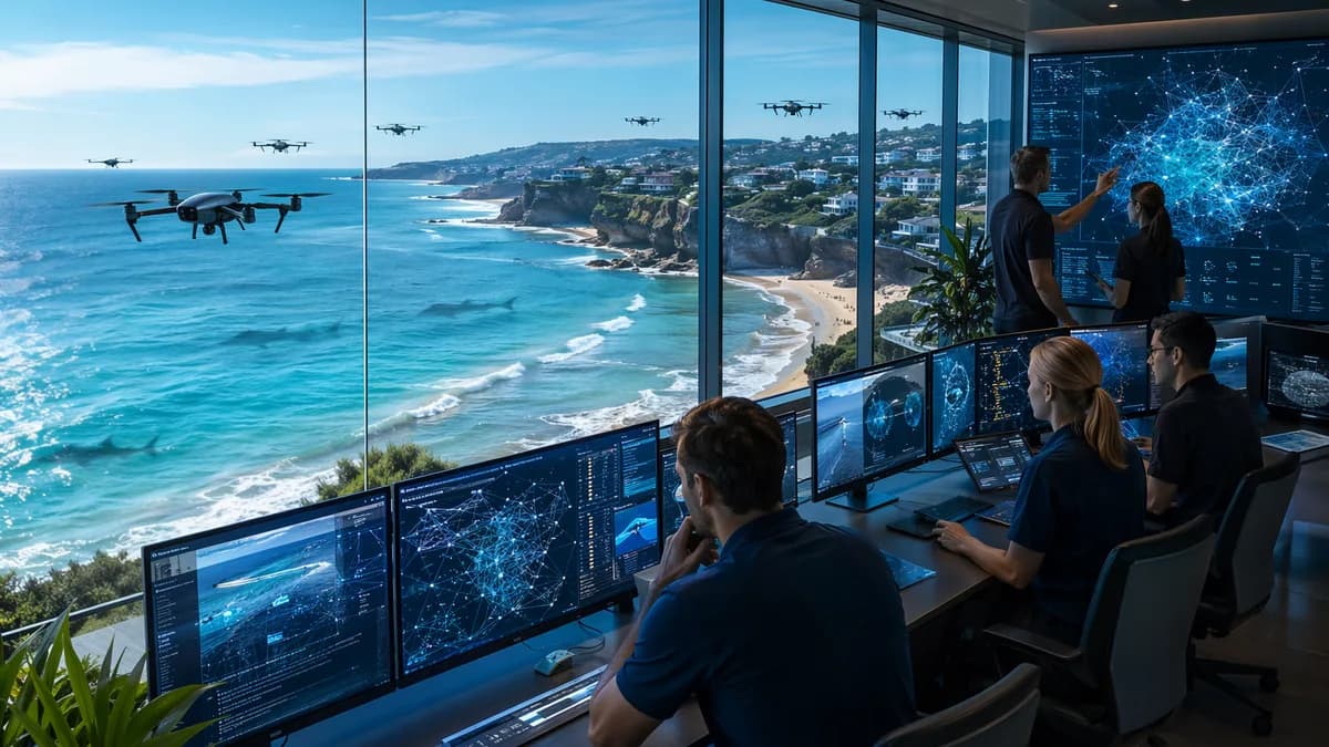 Drones patrol a beach from a high-tech coastal command center monitoring sharks.