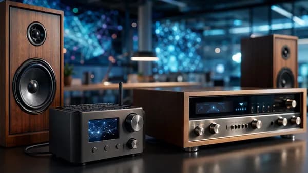 Compact internet radio player connected to vintage hi-fi in a futuristic tech workspace