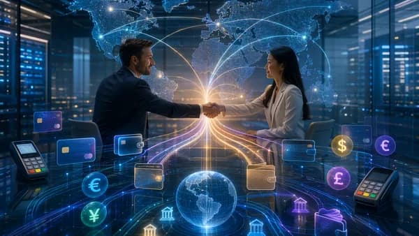 Global fintech payment networks merging to symbolize a major cross-border commerce acquisition.