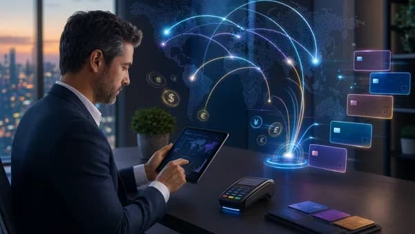 SMB owner views global digital payment flows across a tablet, symbolizing cross-border fintech payouts.